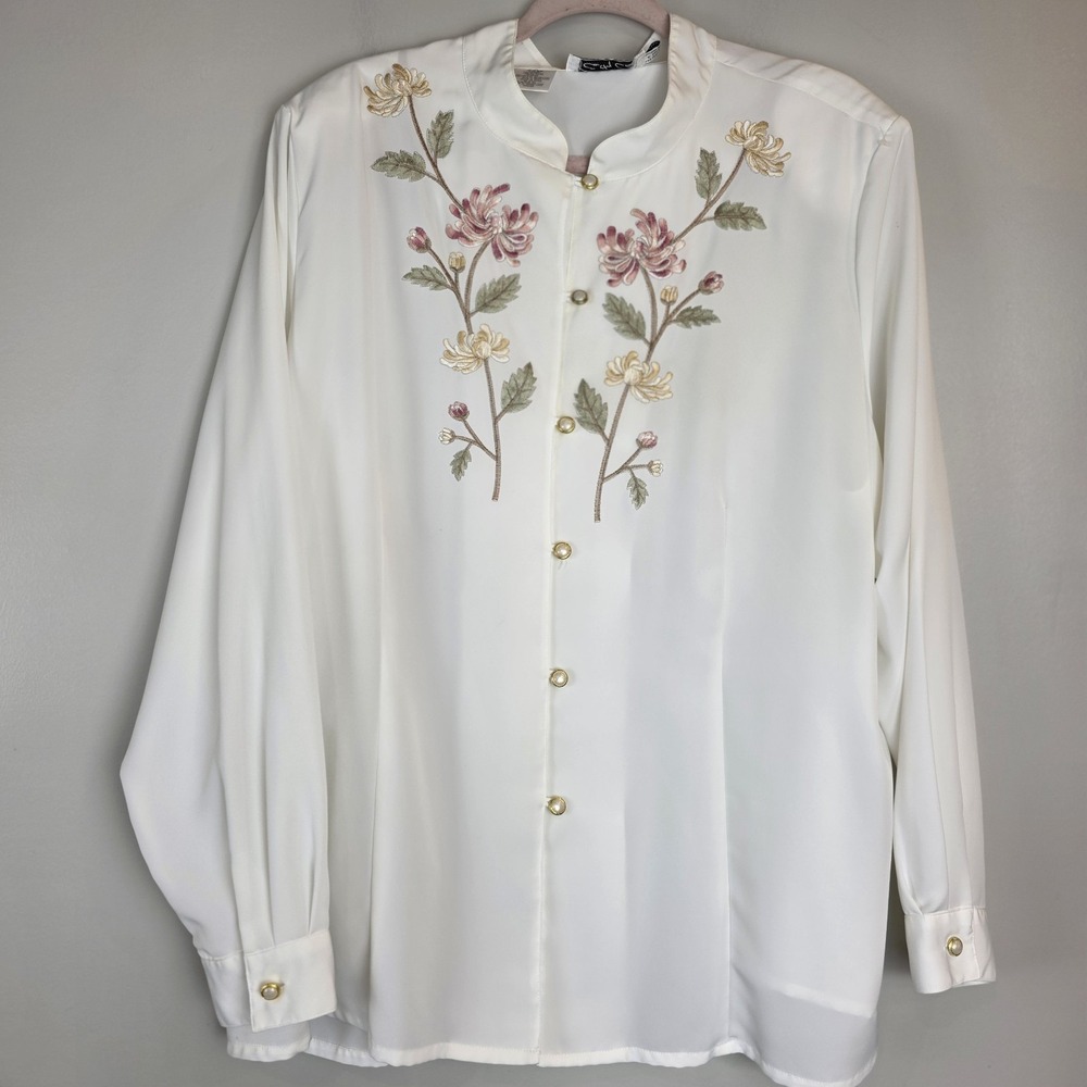Vtg Kathy Che Blouse Womens 22W White Embroidered ButtonUp Shoulder Pads Top.D93